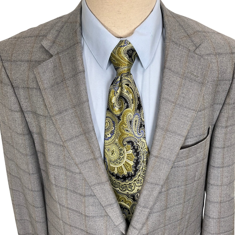 Brooks Brothers 346 Blazer Mens 44L Gray Tan Windowpane Plaid Sport Coat Jacket